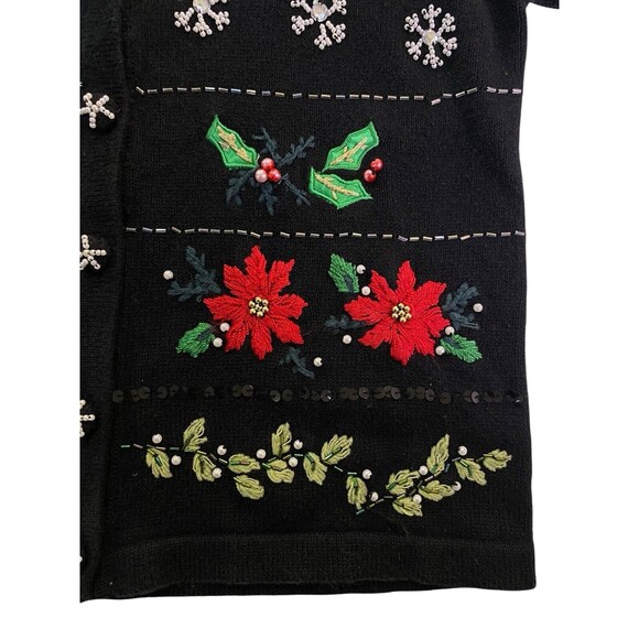VTG Christmas Cardigan Sweater Medium Jason Maxwell Beaded Snowflakes Poinsettia - Picture 11 of 13